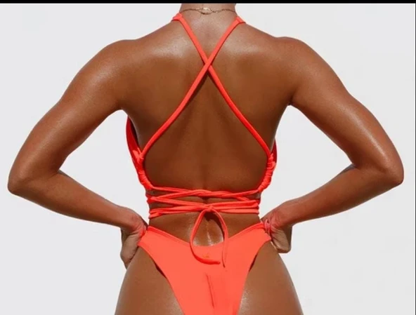 Bikini, Plaj Giyim, Bağlama Detaylı Bikini, Fosforlu Yeşil Bikini, Brezilyan Kesim Bikini - 3