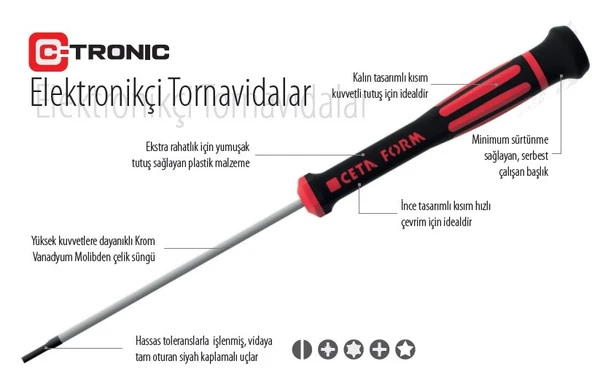Ceta Form Düz Uçlu Mikro Elektronikçi Tornavidası 2X60 mm - H01-20-060 - Resim 3