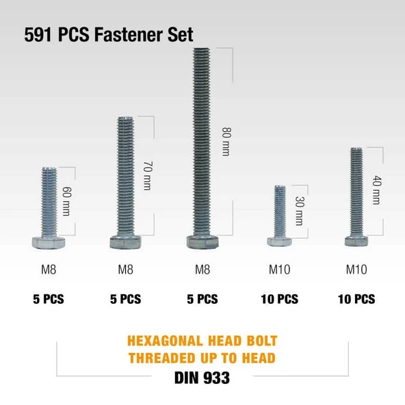 Civtec 591 Parça 20 Çeşit 8.8 Çelik Civata - Somun - Pul Seti TK-19 - Resim 8