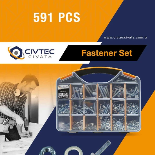 Civtec 591 Parça 20 Çeşit 8.8 Çelik Civata - Somun - Pul Seti TK-19 - Resim 10