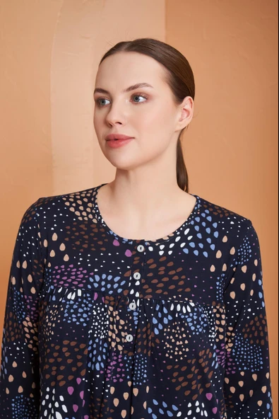 Pjs Kadın Desenli Yuvarlak Düğmeli Yaka Uzun Kollu Gecelik - 2