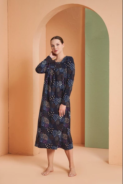 Pjs Kadın Desenli Yuvarlak Düğmeli Yaka Uzun Kollu Gecelik