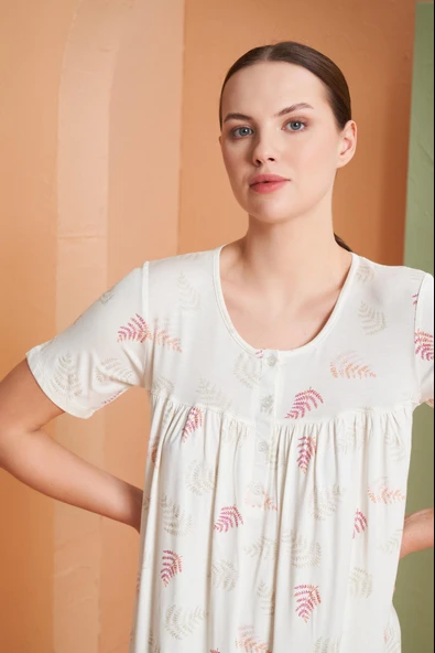 Pjs Kadın Yaprak Desenli Düğmeli Yaka Kısa Kol Gecelik - 2