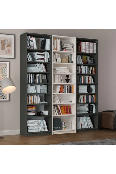 Asra Trend MDF Beyaz/Koyu Gri Kitaplık – Ayarlanabilir Raf, Ev&Ofis Modern Dekoratif Kitaplık, K-28 - Resim 4