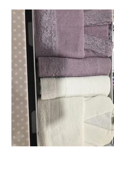 Mürdüm Beyaz Sarina Lüx Güpürlü 6 Parça Bornoz Seti - 1