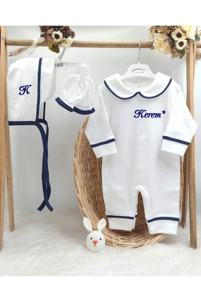 gros shop Biyeli 4'lü %100 Pamuklu Hastane Çıkış Tulum Seti ve Battaniyesi (KİŞİYE ÖZGÜ İSİMLİ NAKIŞ DESENLİ) - 3