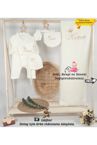 gros shop 4Katlı Müslin Kumaş Kral Taçlı Tulum %100Pamuk Hastane Çıkışı Seti (Kişiye Özgüİsimli Nakış Desenli) ürün görseli