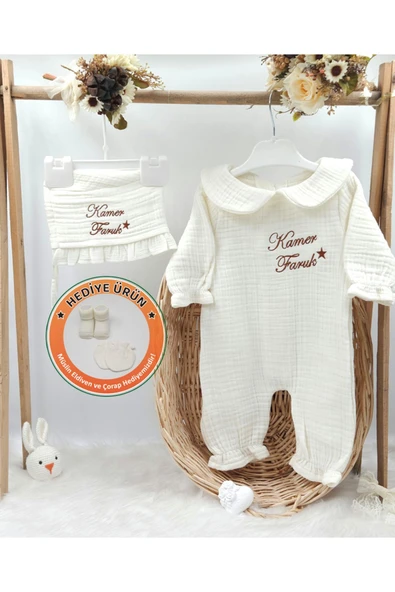 gros shop Yakalı Müslin 2'li Hastane Çıkış Mevlüt Seti %100 Pamuk Organik (Kişiye Özgü İsimli Nakış Desenli)