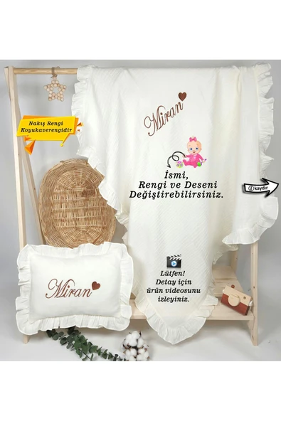 gros shop %100 Pamuk 4 Katlı Müslin Fırfırlı Battaniye Takı Yastığı Kılıfı (Kişiye Özgü İsimli Nakış Desenli)