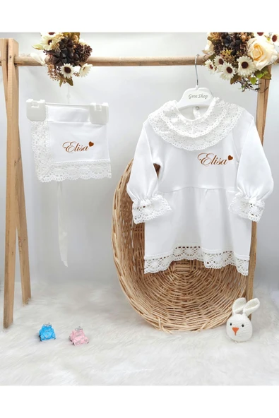 gros shop Yeni Doğan %100 Pamuk Dantelli Hediyelik Mevlüt Seti (KİŞİYE ÖZGÜ İSİMLİ NAKIŞ DESENLİ)