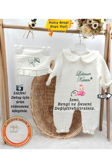 gros shop 4 Katlı Müslin 2'li Hastane Çıkış Mevlüt Seti %100 Pamuk Organik (Kişiye Özgü İsimli Nakış Desenli) ürün görseli