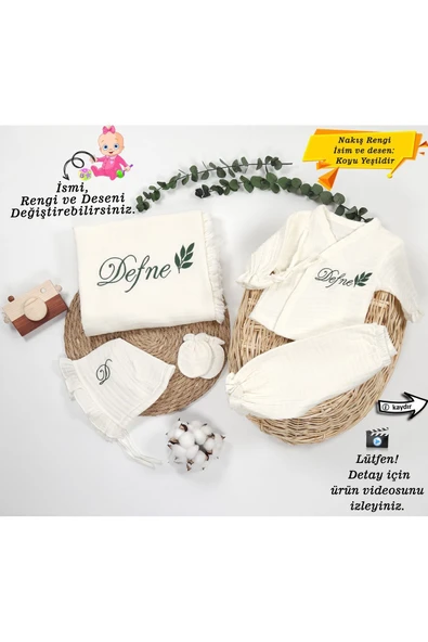 gros shop Yeni Doğan %100Pamuk Organik 4Katlı Müslin Kumaş Hastane Çıkış Seti(Kişiye Özgü İsimli Nakış Desenl)