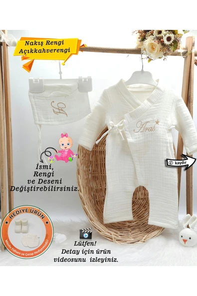 gros shop Müslin 2'li Kimono Bağcıklı Tulum %100 Pamuk Organik (Kişiye Özgü İsimli Nakış Desenli) ürün görseli