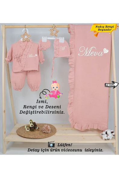 gros shop 4 Katlı Müslin 5'li Kimono Bağcıklı Tulum %100Pamuk Hastane Çıkışı(Kişiye Özgü İsimli Nakış Desenli) ürün görseli