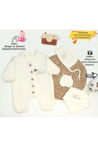 gros shop %100 Pamuk Organik 4 Katlı Müslin Kumaş Düğmeli Tulum-Mevlüt Seti (Kişiye Özgü İsimli Nakış Desenli) - 1