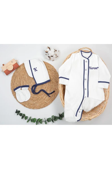 gros shop %100 Pamuk Organik 3'lü Hastane Çıkış Tulum Seti (Kişiye Özgü İsimli Nakış Desenli) ürün görseli