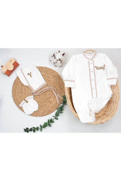 gros shop %100 Pamuk Organik 3'lü Hastane Çıkış Tulum Seti (Kişiye Özgü İsimli Nakış Desenli)