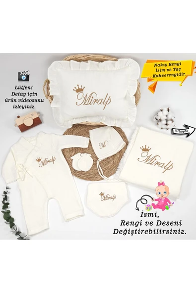 gros shop 4 Katlı Müslin Kumaş Bağcıklı Tulum %100 Pamuk Hastane Çıkışı Seti(Kişiye Özgü İsimli Nakış Desenli)