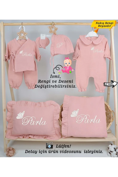 gros shop Yeni Doğan %100 Doğal 4Katlı Müslin Hastane Çıkış Mevlüt Seti (Kişiye Özgü İsimli Nakış Desenli) ürün görseli