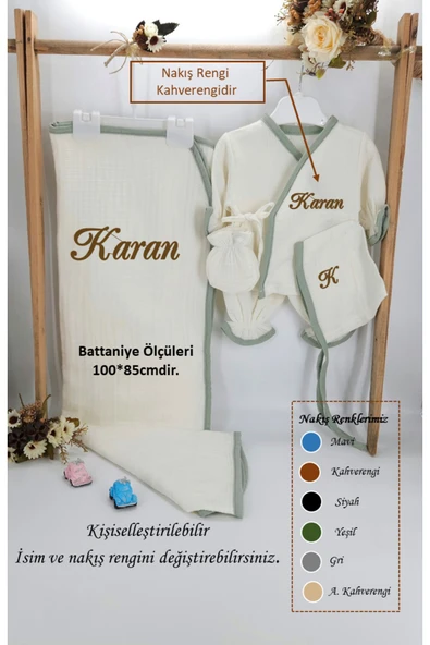 gros shop Yeni Doğan Burümcük Müslin Kumaş %100Pamuk 5’li Hastane Çıkış Seti(Kişiye Özgü İsimli Nakış Desenli) - 2