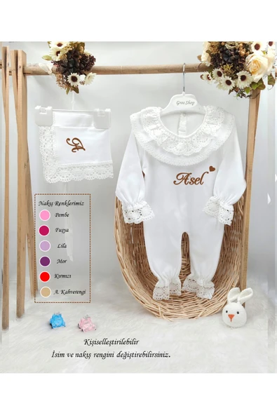 gros shop Yeni Doğan %100 Pamuk Dantelli Hastene Çıkış Tulum Seti (KİŞİYE ÖZGÜ İSİMLİ NAKIŞ DESENLİ) - 2