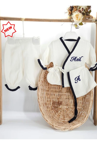 gros shop Yeni Doğan Burümcük Müslin Kumaş %100Pamuk 4’lü Hastane Çıkış Seti(Kişiye Özgü İsimli Nakış Desenli)