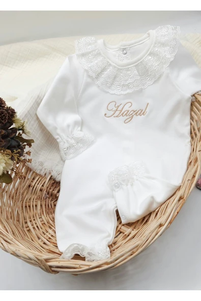 gros shop Yeni Doğan Danteli 3'lü Hastane Çıkış Tulum Seti - Mevlüt Seti (KİŞİYE ÖZGÜ İSİMLİ NAKIŞ DESENLİ)