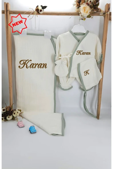 gros shop Yeni Doğan Burümcük Müslin Kumaş %100Pamuk 5’li Hastane Çıkış Seti(Kişiye Özgü İsimli Nakış Desenli) - 1