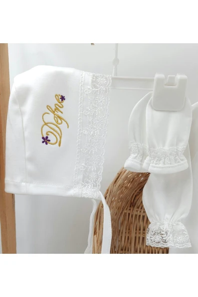 gros shop Yeni Doğan Danteli 3'lü Hastane Çıkış Tulum Seti - Mevlüt Seti (KİŞİYE ÖZGÜ İSİMLİ NAKIŞ DESENLİ) - Resim 4