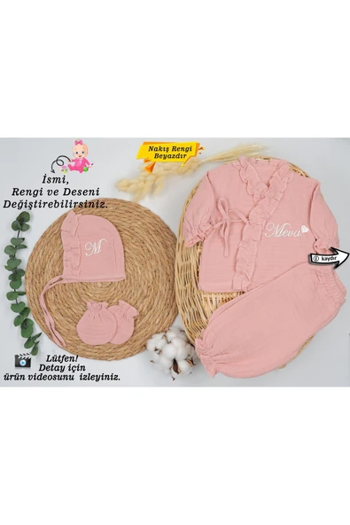 gros shop Yeni Doğan Müslin 4'lü Kimono Bağcıklı Tulum %100 Pamuk Organik (Kişiye Özgü İsimli Nakış Desenli) ürün görseli