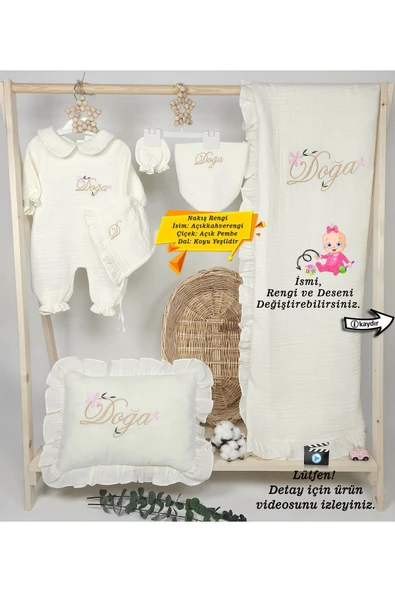 gros shop Yeni Doğan %100 Pamuk Müslin Hastane Çıkış Mevlüt Seti-Takı Yastık(Kişiye Özgü İsimli Nakış Desenli) ürün görseli