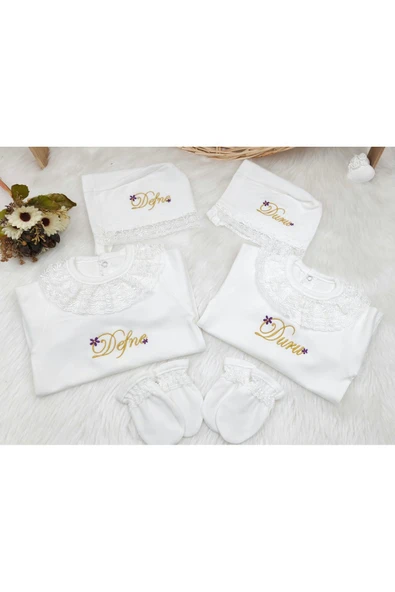 gros shop Yeni Doğan Danteli 3'lü Hastane Çıkış Tulum Seti - Mevlüt Seti (KİŞİYE ÖZGÜ İSİMLİ NAKIŞ DESENLİ) - Resim 5