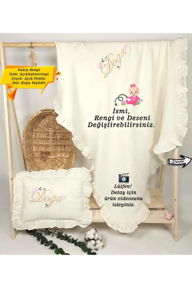 gros shop %100 Pamuk 4 Katlı Müslin Fırfırlı Battaniye Takı Yastığı Kılıfı (Kişiye Özgü İsimli Nakış Desenli)