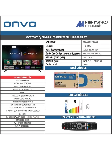 Onvo 43OVF9001F Frameless Full HD 43" 109 Ekran Uydu Alıcılı Google Smart LED TV - 2