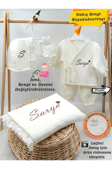 gros shop 4 Katlı Müslin 5'li Kimono Bağcıklı Tulum %100Pamuk Hastane Çıkışı(Kişiye Özgü İsimli Nakış Desenli)