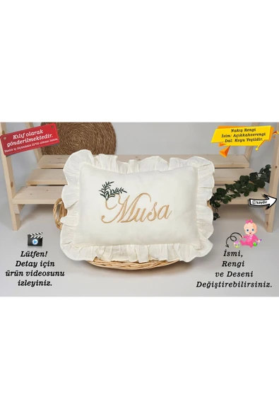 gros shop Pamuk Müslin Kumaş Fırfırlı Takı Yastığı Kılıfı 35*45 (Kişiye Özgü İsimli Nakış Desenli)