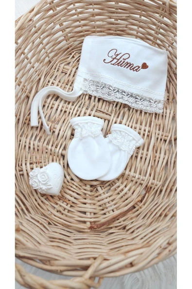 gros shop Yeni Doğan Dantelli 3'lü Hastane Çıkış Tulum Seti (KİŞİYE ÖZGÜ İSİMLİ NAKIŞ DESENLİ) - 5