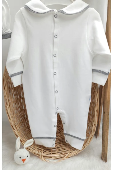 gros shop Biyeli 3'lü %100 Pamuklu Hastane Çıkış Tulum Seti (KİŞİYE ÖZGÜ İSİMLİ NAKIŞ DESENLİ) - 3