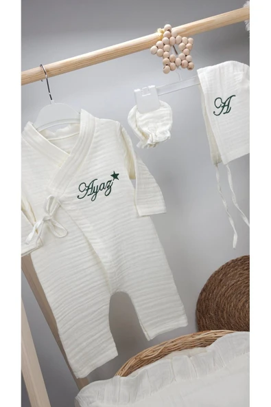 gros shop 4Katlı Müslin 6'li Kimono Bağcıklı %100Pamuk Hastane Çıkışı-Hediye(Kişiye Özgü İsimli Nakış Desenli - 7