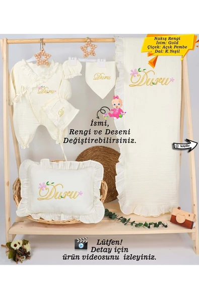 gros shop Yeni Doğan %100 Pamuk Müslin Hastane Çıkış Mevlüt Seti-Takı Yastık(Kişiye Özgü İsimli Nakış Desenli) ürün görseli