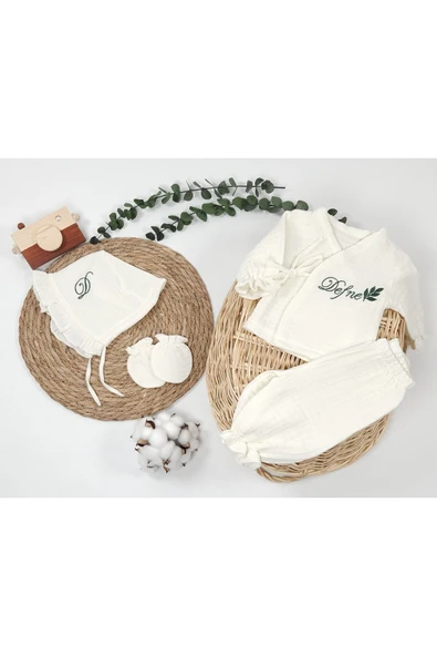 gros shop Yeni Doğan %100Pamuk Organik 4Katlı Müslin Kumaş 4lü Bağcıklı Tulum(Kişiye Özgü İsimli Nakış Desen) - 7