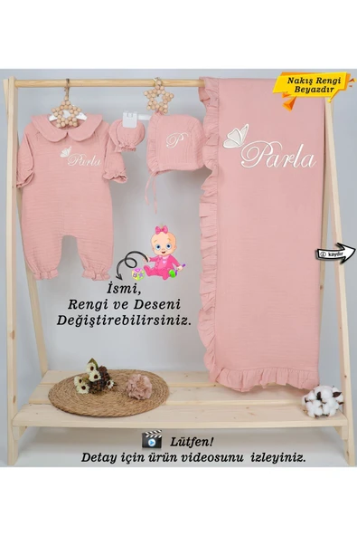 gros shop Yakalı Müslin Kumaş Hastane Çıkış Mevlüt Seti %100 Pamuk Organik (Kişiye Özgü İsimli Nakış Desenli)