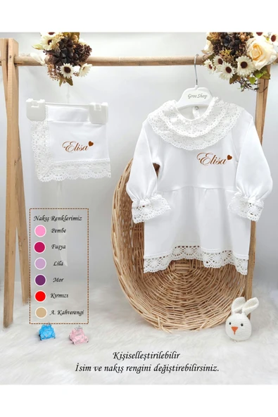 gros shop Yeni Doğan %100 Pamuk Dantelli Hediyelik Mevlüt Seti (KİŞİYE ÖZGÜ İSİMLİ NAKIŞ DESENLİ) - 2