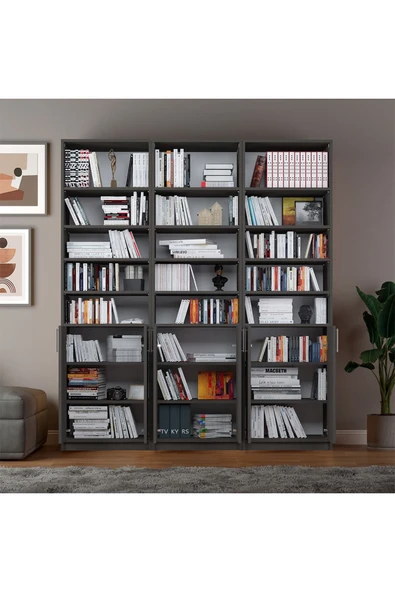 Asra Trend MDF Koyu Gri Kapaklı Kitaplık – Ayarlanabilir Raf, Ev&Ofis Modern Dekoratif Kitaplık,K-57 - Resim 4
