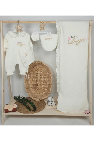 gros shop Yakalı Müslin Kumaş Hastane Çıkış Mevlüt Seti %100 Pamuk Organik (Kişiye Özgü İsimli Nakış Desenli)