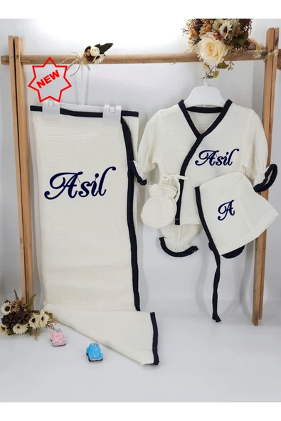 gros shop Yeni Doğan Burümcük Müslin Kumaş %100Pamuk 5’li Hastane Çıkış Seti(Kişiye Özgü İsimli Nakış Desenli) ürün görseli