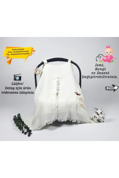 gros shop %100 Pamuk 4Katlı Nefes Alabilen Müslin Kumaş Püsküllü Puset Örtüsü(Kişiye Özgü İsimli Nakış Desenl) ürün görseli