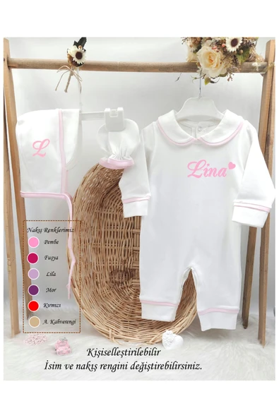 gros shop Biyeli 3'lü Pamuklu Hastane Çıkış Tulum Seti (KİŞİYE ÖZGÜ İSİMLİ NAKIŞ DESENLİ) - 2