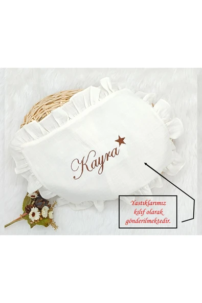 gros shop %100 Pamuk Müslin Kumaş Fırfırlı Takı Yastığı Kılıfı 35*45 (Kişiye Özgü İsimli Nakış Desenli)