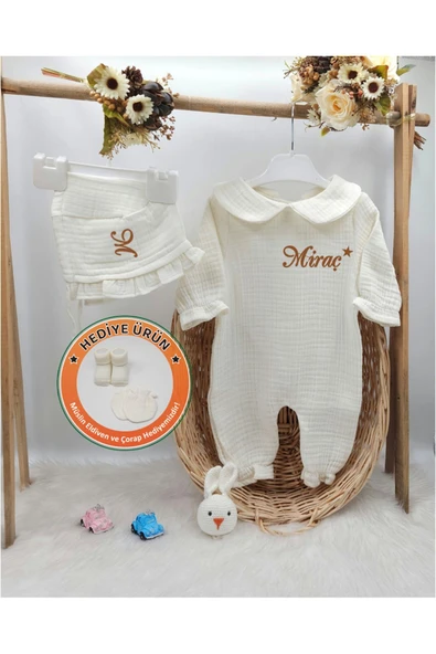 gros shop Yakalı Müslin 2'li Hastane Çıkış Mevlüt Seti %100 Pamuk Organik (Kişiye Özgü İsimli Nakış Desenli) ürün görseli